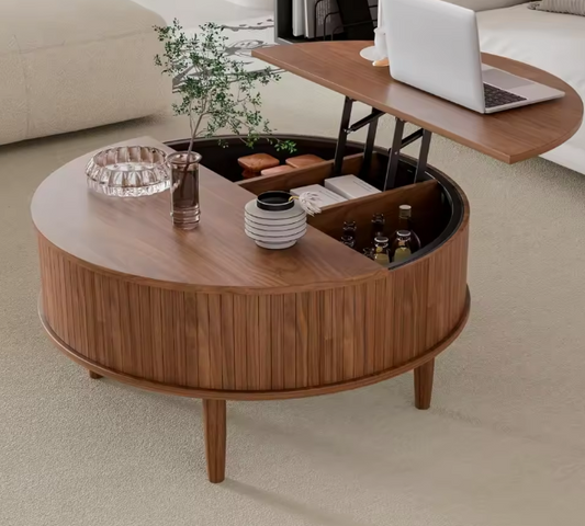 Round Fluted Lift Top Coffee Table with Storage | Mid Century Modern Design
