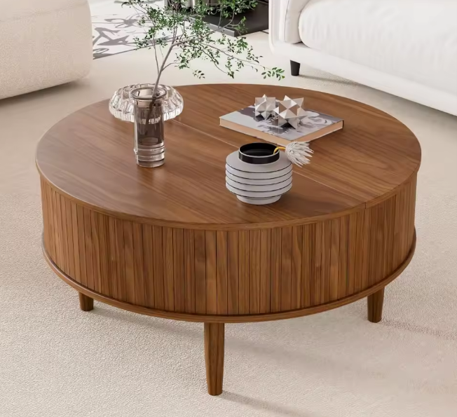 Round Fluted Lift Top Coffee Table with Storage | Mid Century Modern Design