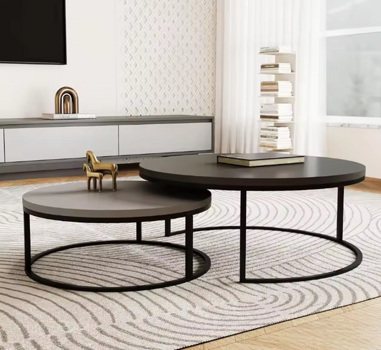 Modern Round Coffee Table Set | Nesting Cocktail Tables with Black Metal Legs
