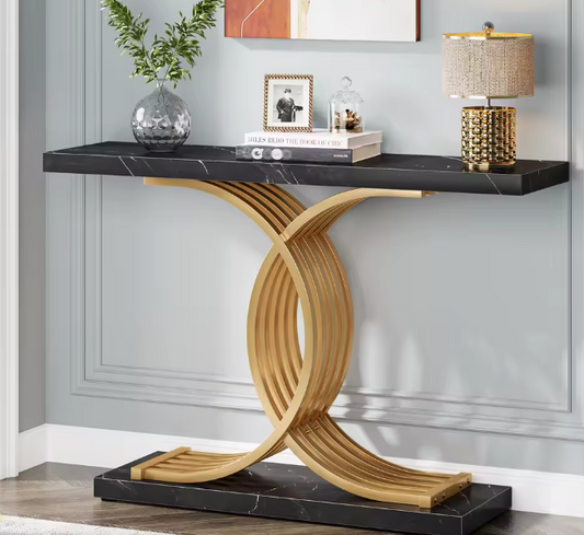 Modern Console Table | Faux Marble Top with Gold Geometric Metal Legs – 39" Entryway Table