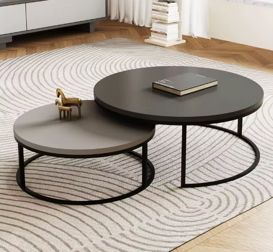 Modern Round Coffee Table Set | Nesting Cocktail Tables with Black Metal Legs