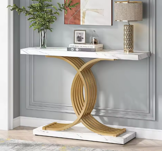 Modern Console Table | Faux Marble Top with Gold Geometric Metal Legs – 39" Entryway Table